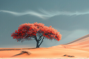 vibrant red tree on an orange desert dune with shadows and a moody sky