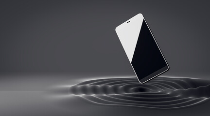 Abstract flying smartphone with reflections on creative dark whirl background with mock up place....