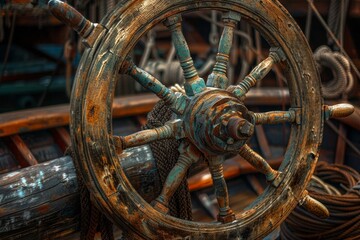 Steering wheel of a boat with ropes and ropes on it
