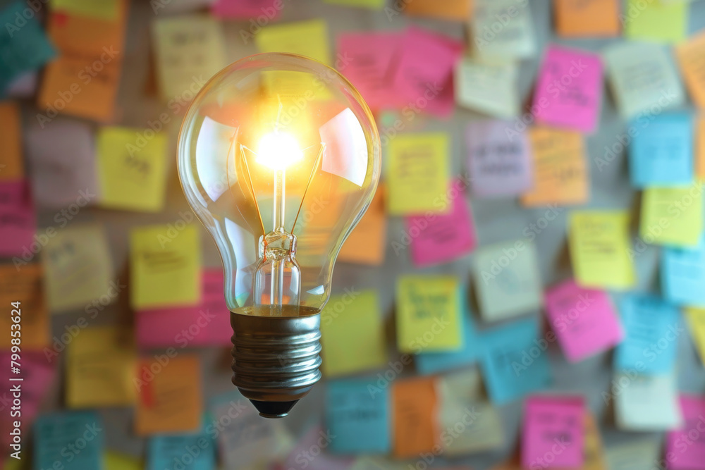 Aufkleber a light bulb is lit up in front colorful sticky notes, brainstorming and solution idea concept.