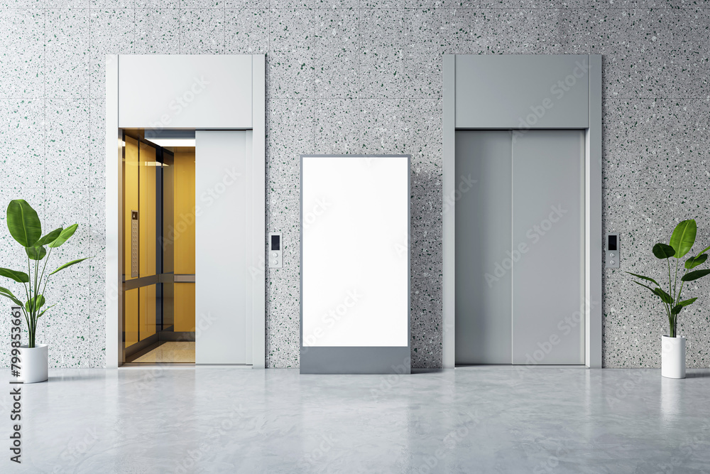 Poster Modern lobby with an elevator door open and blank poster for advertising. 3D Rendering