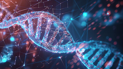 A futuristic visualization of DNA strands illuminated within a digital cyberspace, highlighting biotechnology and genetic data analysis concepts