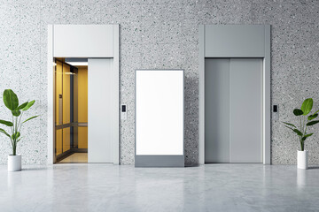 Modern lobby with an elevator door open and blank poster for advertising. 3D Rendering © Who is Danny