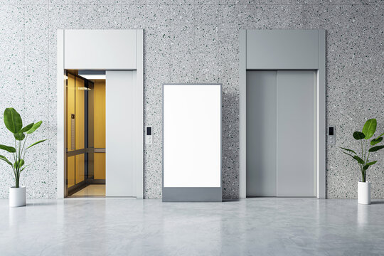 Modern lobby with an elevator door open and blank poster for advertising. 3D Rendering