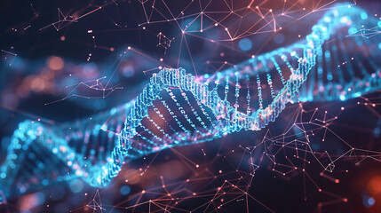 A futuristic visualization of DNA strands illuminated within a digital cyberspace, highlighting biotechnology and genetic data analysis concepts