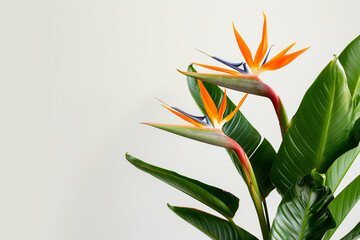 striking photo of the Strelitzia birds of paradise, a rare and endangered plant species, perfectly captured in sharp detail against a pristine white background, emphasizing its del