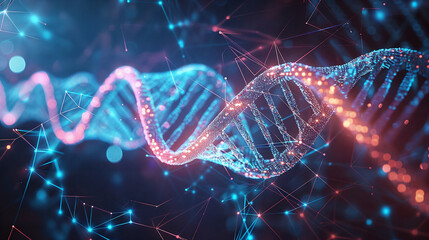 A futuristic visualization of DNA strands illuminated within a digital cyberspace, highlighting biotechnology and genetic data analysis concepts