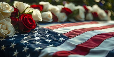 Folded American flag on coffin with white roses. Patriotic funeral tribute