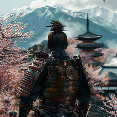 Samurai from back view at a Japanese landscape