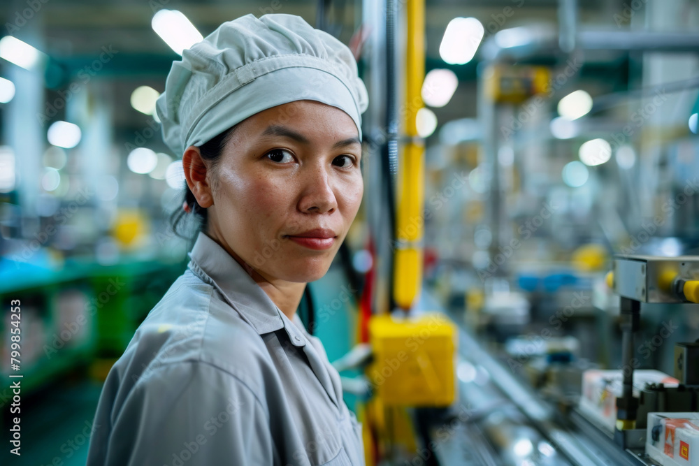 Poster a factory worker stands in front of a machine and conveyor in factory