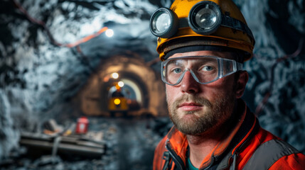 Fototapeta premium A miner wearing a hard hat and goggles working in mining construction site.