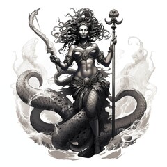 Black and White Illustration of the Mami Wata on a White Background
