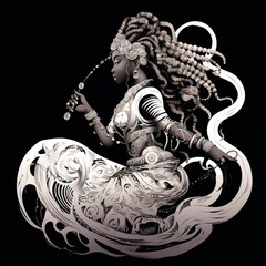 Black and White Illustration of the Mami Wata on a Black Background