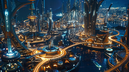 A future city model full of imagination at night, a sci-fi style alien planet city, a future city with water transportation - obrazy, fototapety, plakaty