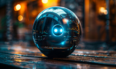 Futuristic AI Sphere Hologram: Powerful Software Assistant, Digital Orb, Artificial Intelligence Concept - obrazy, fototapety, plakaty