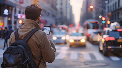 A business traveler using a car-sharing app to arrange transportation at a bustling city intersection, with vehicles and pedestrians in the background.