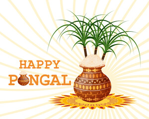 Happy Pongal, a clay pot filled with rice and bamboo stalks. Hindu holiday card, vector
