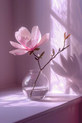 A single magnolia flower in an elegant glass vase on a table against a pastel purple wall.