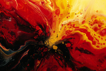 An intense visual experience is created by a red and yellow explosion of paint.