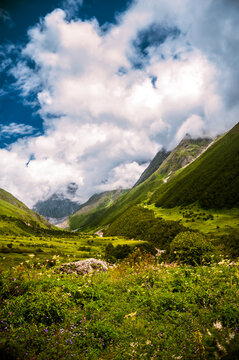 Landscape with clouds. Valley of Flowers, a beautiful Trek in the Himalayas, Nanda Devi Biosphere National Park, amazing landscape, mountains, hills, foggy, misty, Uttarakhand India.