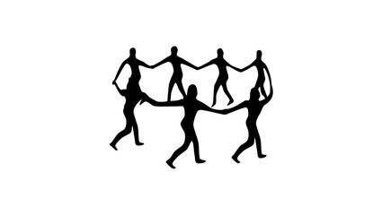 Multicultural people, people in a round dance, black isolated silhouette