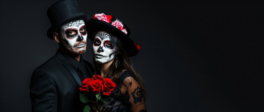 A man and woman with sugar skull face paint, dressed in black suits and top hats, hold roses while posing for a medium shot.