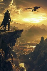 A warrior in armor standing on a cliff overlooking a mythical landscape, a dragon soaring in the sky at sunset