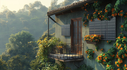 Panneau solaire installé sur le balcon d'une maison écologique, entourée d'une végétation luxuriante et surplombant la beauté de la nature.