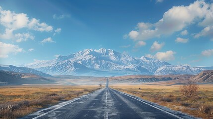 Straight road to the mountain. Expansive view of a straight asphalt road, converging at a distant mountain