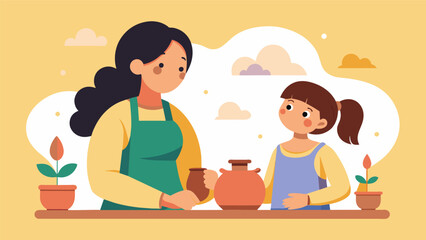 A mother and daughter creating pottery while discussing their dreams and fears.. Vector illustration
