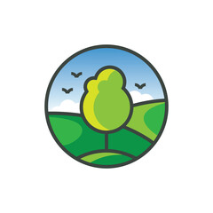 Cartoon simple tree on the hills with birds and blue sky circle icon illustration