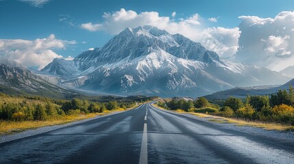 Panoramic view of a flawless asphalt highway leading directly to a majestic mountain