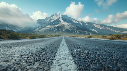 Panoramic view of a flawless asphalt highway leading directly to a majestic mountain