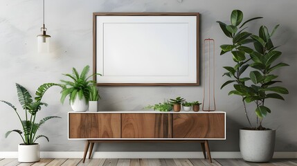 Mock up poster frame on cabinet in interior.3d rendering, Mock-up interior with dresser and decoration. 3d render illustration mockup, Loft style Living room and green wall sofa mock up Ai generated  - obrazy, fototapety, plakaty