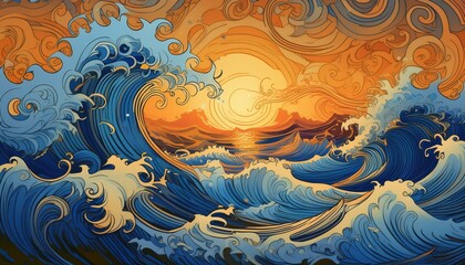 色濃い海に波風と夕日の余韻、水の波動が全体に広がっていくイラスト - obrazy, fototapety, plakaty