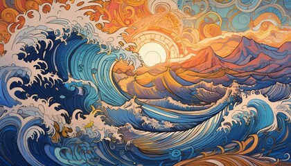 色濃い海に波風と夕日の余韻、水の波動が全体に広がっていくイラスト - obrazy, fototapety, plakaty