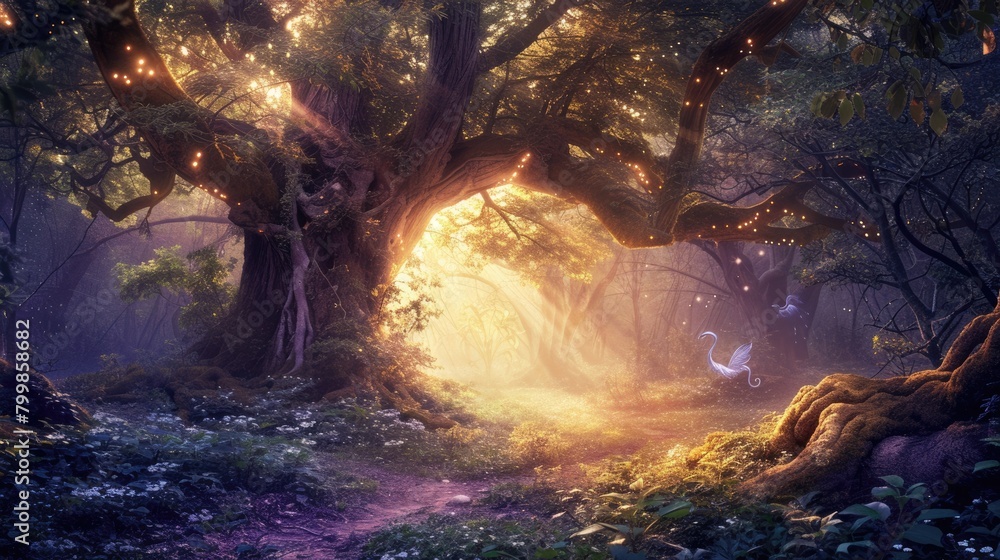 Poster a magical forest at twilight, ethereal light filtering through trees, fairies dancing around an anci