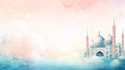 Fototapeta premium Muslim holiday Islamic festival Celebratio Eid al-Adha with buck silhouette and mosque illustration in crescent moon light poster, banner, flyer, background 