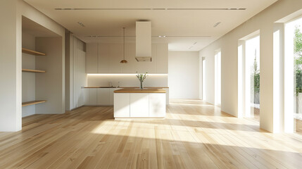 Interior of the kitchen in a beautiful new luxury home with a kitchen island and a bright, minimalist wooden floor