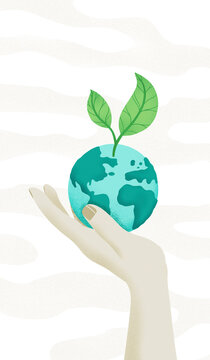 Hand with leaf on planet earth against white background