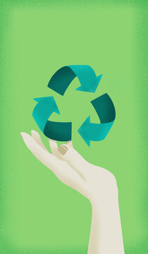 Hand recycling icon against green background