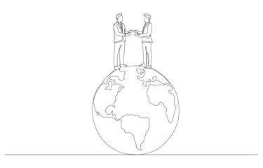 Continuous one line drawing of two businessmen standing on globe and arguing with each other, geopolitics concept, single line art.
