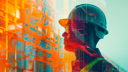 illustration digital building construction engineering with double exposure graphic design. Building engineers, architect people, or construction workers working.