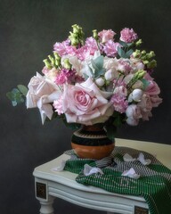 Still life with bouquet of pink delicate flowers