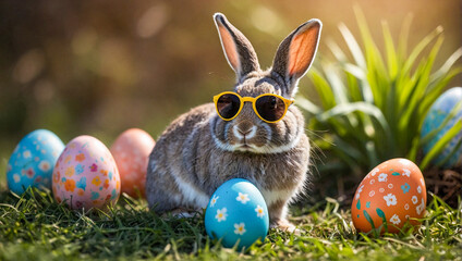 A cool looking rabbit with sunglasses looking out from a box full of easter eggs