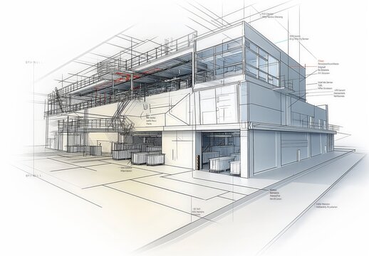 Industrial building wireframe rendering with architectural and construction details