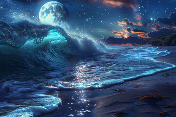 Obraz premium Waves of moonlit dreams shimmer along a dreamy shore.
