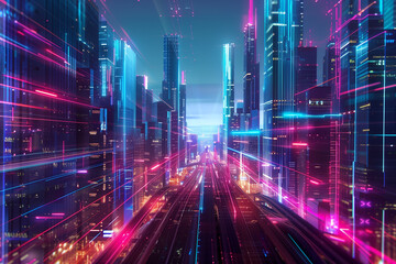 Techno Cityscape: A Vibrant Display of Urban Energy and Connectivity