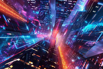Obraz premium Futuristic Metropolis: A Symphony of Digital Connectivity and Urban Flow