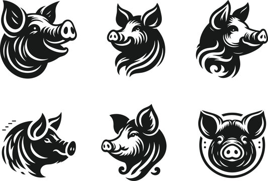 pig head silhouette set vector, vintage pig head logo symbol.